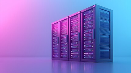 Modern server room with glowing blue and pink lights showcasing advanced technology and data storage solutions.