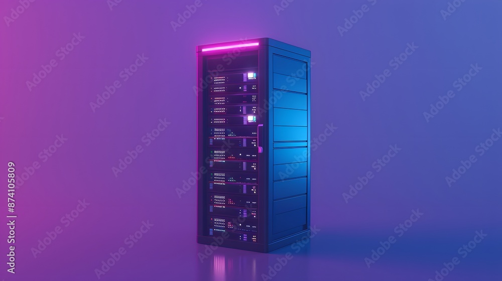 Poster modern server tower in a colorful neon-lit environment. ideal for technology, data storage, and netw