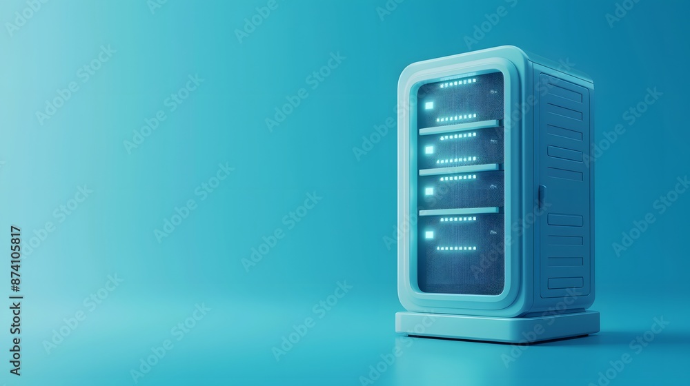 Poster modern server with glowing lights in a minimalistic blue setting, ideal for illustrating technology 