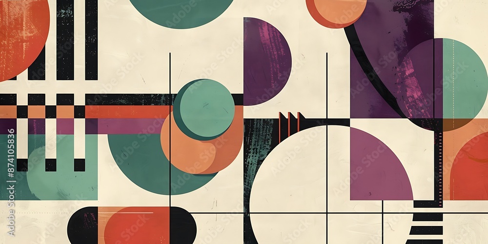 Poster a retro poster with bold geometric shapes and contrasting colors, such as circles, squares and lines