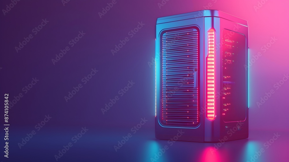 Poster modern server with neon lights in dark setting, representing advanced technology and futuristic data