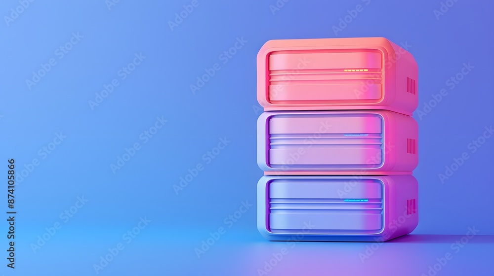 Poster modern stack of colorful server units with blue and pink neon lights on a gradient background, repre