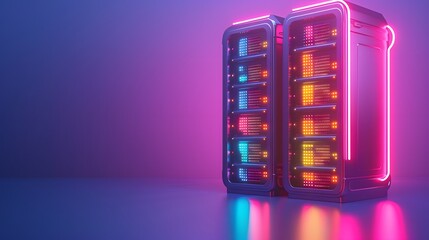 Neon-Lit Server Racks in Dark Room