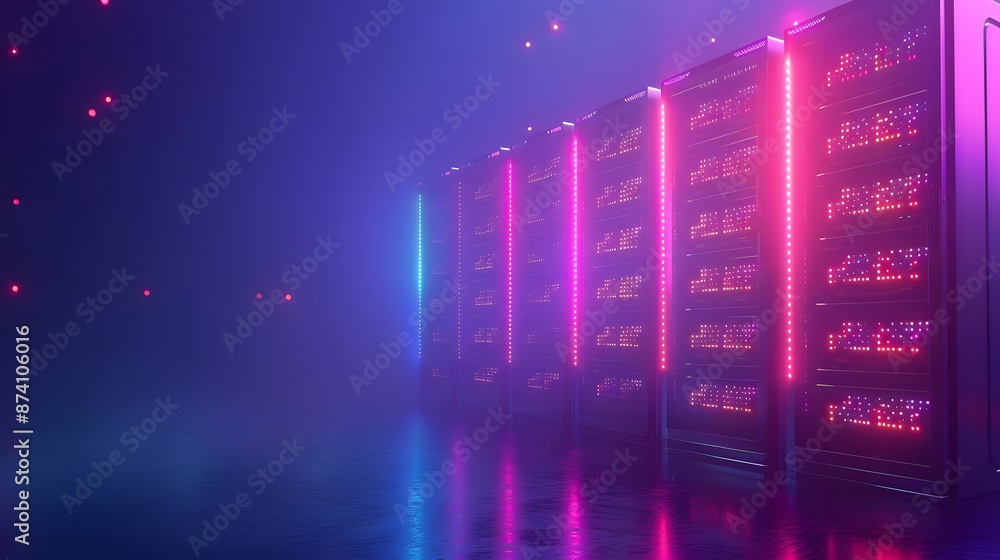 Poster neon-lit server racks in a dimly lit data center with a futuristic ambiance, showcasing modern techn