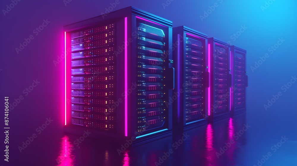 Aufkleber neon-lit server racks in a futuristic data center with vibrant blue and pink lighting. high-tech inf