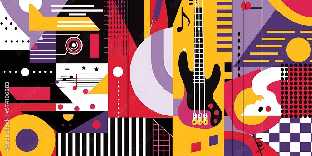 Poster a retro poster with bold geometric shapes and contrasting colors, such as circles, squares and lines
