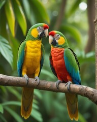 A vibrant image of a pair of brightly colored parrots perched on a tree branch, showcasing their striking plumage.