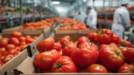 Ripe tomatoes packed cardboard boxes processing facility, captures red tomatoes of boxes