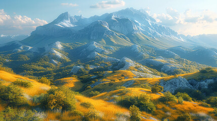 Fototapeta premium A magnificent high definition image of a landscape with undulating hills and majestic mountains