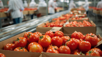 Ripe tomatoes packed cardboard boxes processing facility, captures red tomatoes of boxes