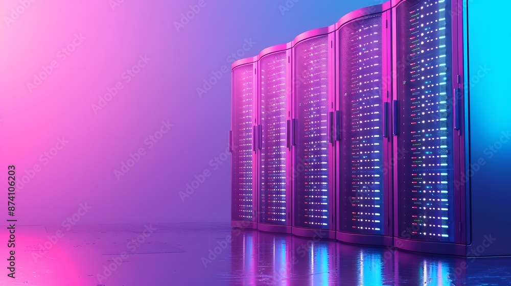 Poster row of illuminated server racks in a data center with vibrant purple and blue lighting reflecting on