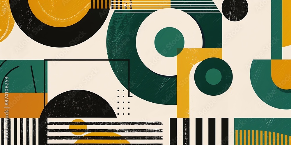 Poster a retro poster with bold geometric shapes and contrasting colors, such as circles, squares and lines