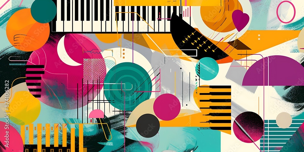 Poster a retro poster with bold geometric shapes and contrasting colors, such as circles, squares and lines