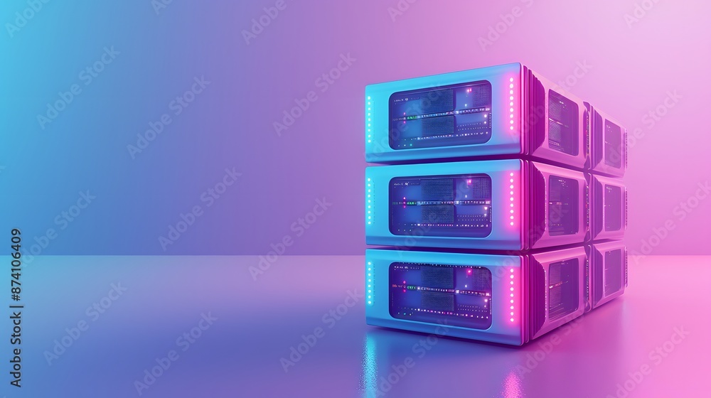 Poster stack of futuristic servers with glowing lights in a modern data center, creating a vibrant and tech