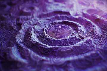 Obraz premium Bitcoin coin embedded in a textured, lunar-like surface with purple and blue lighting giving a futuristic and mysterious feel