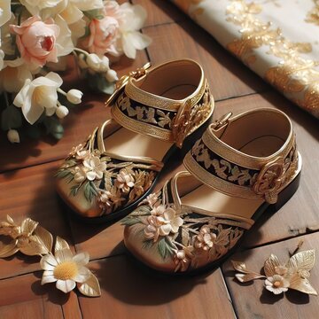Fototapeta Shoes, shoe, isolated, footwear, pair, fashion, pink, child foot clothing, slipper, slippers,, foot, leather, summer, comfortable, sandal, feet, accessory, small foof, Crocss, sabo, boho styl