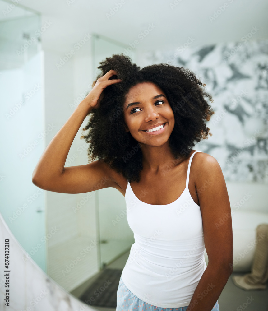 Poster Black woman, house and morning in mirror for skincare routine, results and self care assessment of facial treatment. Girl, pajamas and reflection in home for skin tone, blemishes and wellness.