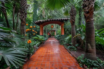 Fototapeta premium Tropical Garden Walkway with Palm Trees and Colorful Flowers Creating a Lush and Exotic Atmosphere