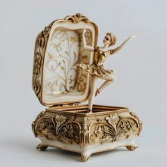 Exquisitely Carved Antique Music Box Revealing Graceful Ballerina Dancer in Warm Lighting