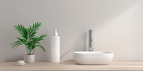 Fototapeta premium White lotion dispenser in bathroom setting with plant. Mockup concept