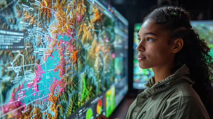 Obraz premium : An AI-assisted learning platform on a big digital screen is being used by a geography student..