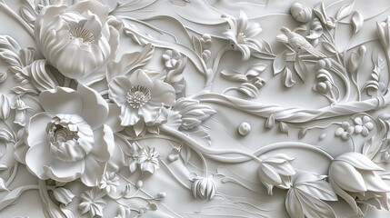3D relief Nature wallpaper with intricate details and elegant design in off white color and Mural wallpaper.
