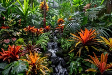Lush Tropical Garden with Exotic Plants and Colorful Flowers Creating a Jungle-Like Atmosphere