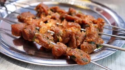 Juicy Marinated Meat Skewers and Grilling on Charcoal BBQ - Perfect Outdoor Cooking