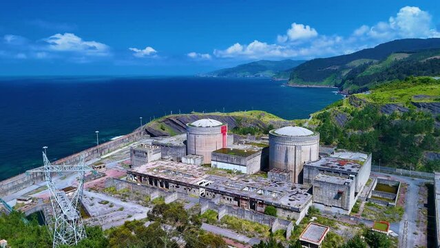 Ruins of the abandoned Lemoniz Nuclear Power Plant. Aerial view from a drone. Lemoniz. Vizcaya. Basque Country. Spain. Europe