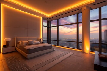 A contemporary bedroom with minimalist furniture, large windows, and LED lighting.