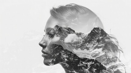 Fototapeta premium Double exposure of a mountain landscape blending with an abstract female face in black and white, isolated on a white background.