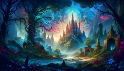 A mystical castle surrounded by glowing trees and vibrant foliage in a magical, dreamlike forest