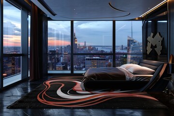 Fototapeta premium A contemporary bedroom with dark accents, an abstract rug, and a stunning city view.