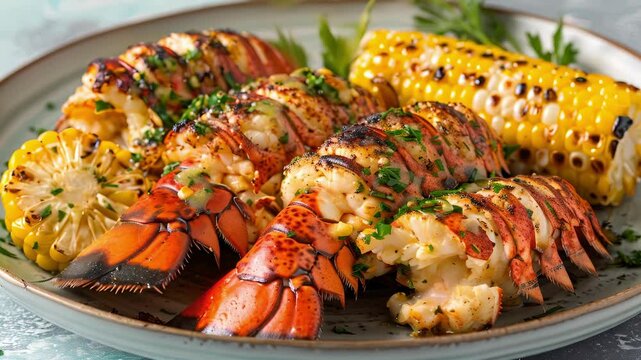 Grilled lobster tails split open and filled with a flavorful garlic herb butter served with a side of grilled corn on the cob.