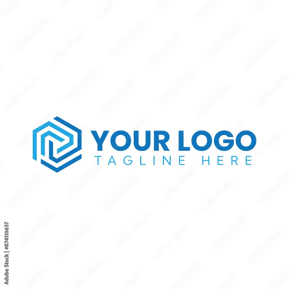 Poster a simple flat logo of hexagonal shape in blue color on a white background
