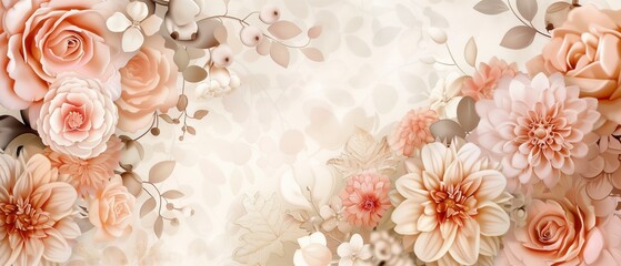 Elegant boho style floral pattern featuring soft pastel flowers with intricate line details on a subtle wave background, perfect for decorative and design projects