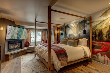 A contemporary suite with a four-poster bed, artistic mural, and fireplace.