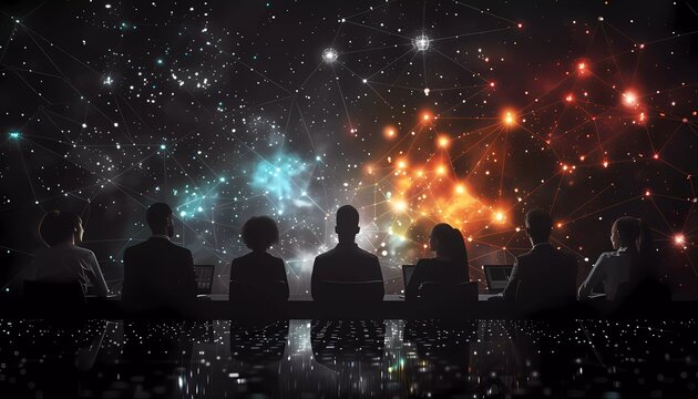 Virtual Symposium of Ideas, diverse group of avatars gathered around a virtual roundtable, different section of a digital document projected in the center, real-time collaboration and idea sharing.