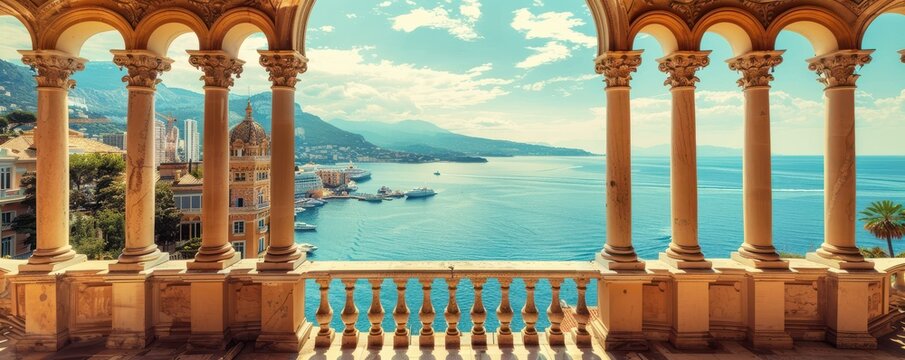 Stunning view of Monaco coastline with luxurious architecture and vibrant blue sea. Free copy space for text.