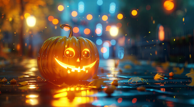 A Halloween pumpkin on the road with bokeh heh lights