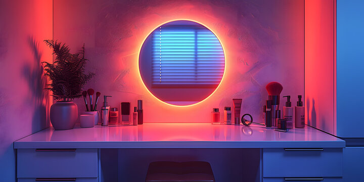 A glamorous vanity table with a neonlit mirror and an array of beauty products, perfect for contemporary beauty rituals, exuding elegance and luxury with a stylish flair