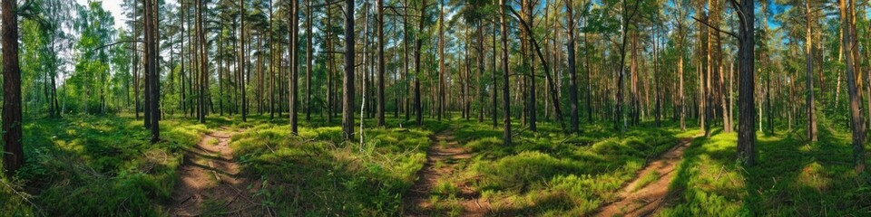 Naklejka premium Forest Panorama: Summer Pine Trees Pathway in Estonia Park