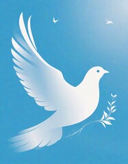 White dove mid flight, with its wings fully spread, contrasting beautifully against the cloudy sky in the background, symbolizing peace, Generative AI.