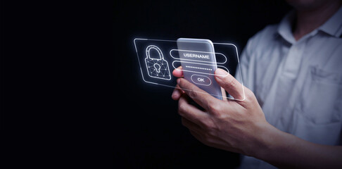 Username and password for cyber security. A man uses a passcode on his phone to protect and grant access to his personal data and cybersecurity. Safe and secure internet connection