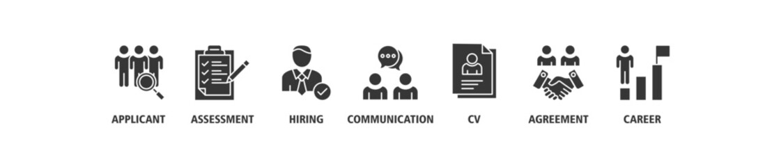 Job interview banner web icon set vector illustration symbol concept with icon of applicant, assessment, hiring, communication, cv, agreement and career