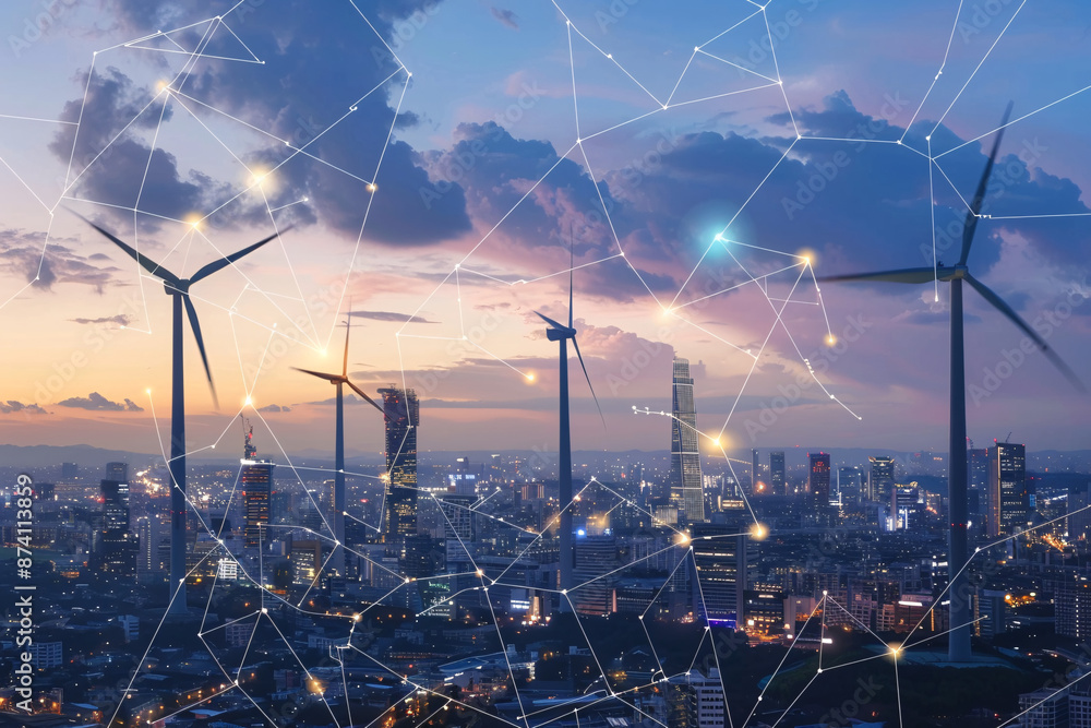 Poster a smart city at dusk with wind turbines, interconnected with a network of glowing lines representing