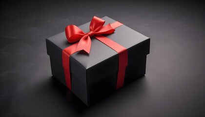 Obraz premium Creative gift concept with present box and red ribbon bow behind dark background