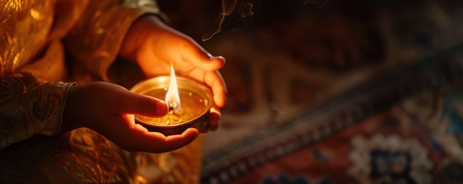Close-up of a child's hand lighting an oil lamp during a traditional ceremony.
