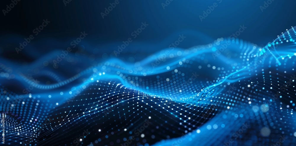 Poster an abstract futuristic background with pink blue neon moving high speed wave lines and bokeh lights.