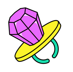 Ring Pop from 90s. Funny children lollipop ring pop. Plastic ring with a large diamond. Candy jewel. Pop art comic style 80s 90s